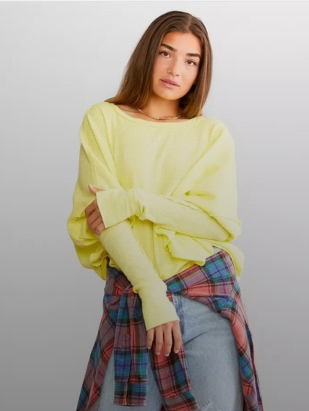 Free People/We The Free Microphone Drop Thermal Top Sz L In Lemon Grass NWOT